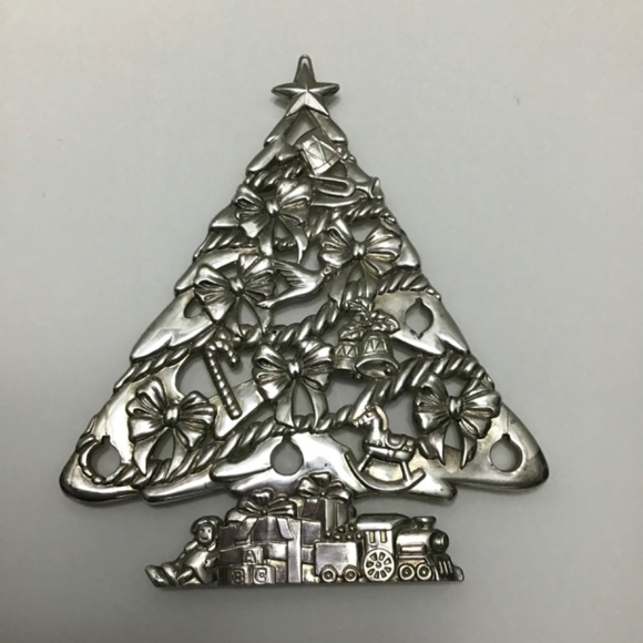 Silver Plated Metal Hanging Christmas Tree Trivet Train Doll Drum Bugle - Picture 2 of 6